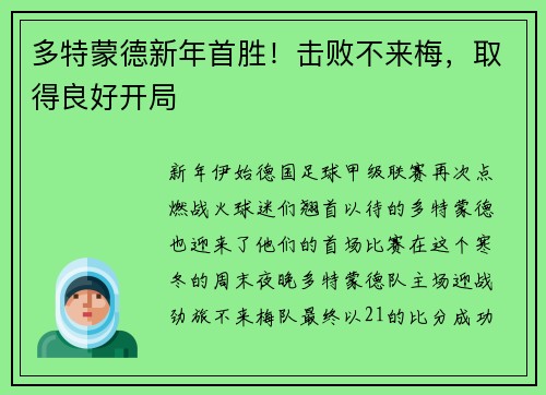 多特蒙德新年首胜！击败不来梅，取得良好开局