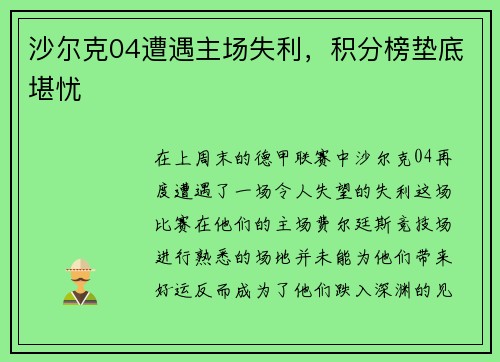 沙尔克04遭遇主场失利，积分榜垫底堪忧