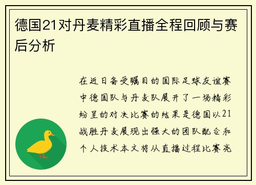 德国21对丹麦精彩直播全程回顾与赛后分析